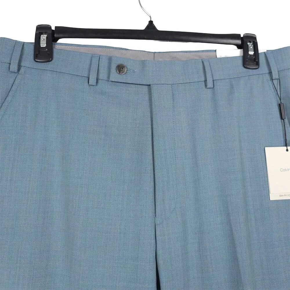 Calvin Klein Mens Slim Fit Suit Pants 42x30 Green Solid Stretch Wool Sharkskin